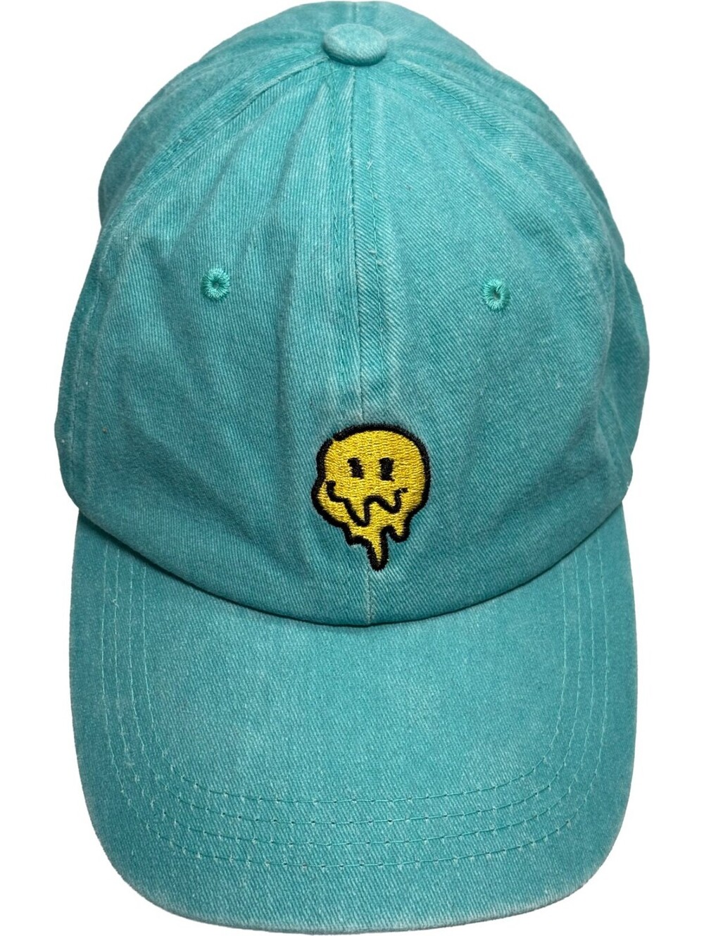 Shein Melting Smiley Face Emoji Hat Teal Blue Green Cap Embroidered Adjustable
